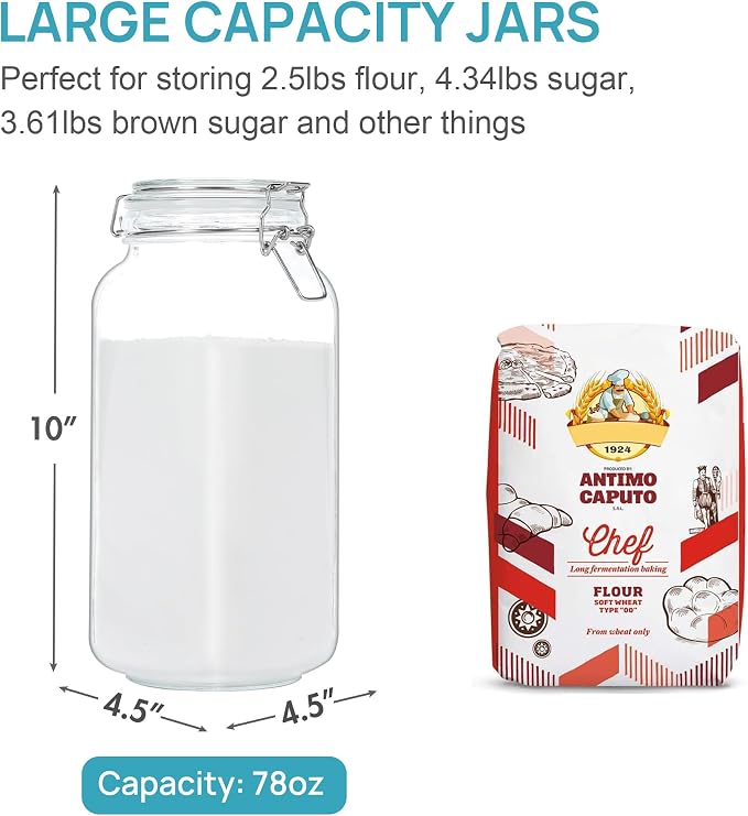 Vtopmart 78oz Glass Food Storage Jars with Airtight Clamp Lids, 3 Pack | Large Kitchen Canisters, For Flour, Sugar, Cereal, Coffee, Pasta and Canning, Square Mason Jars