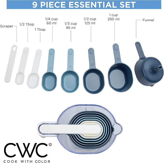 COOK WITH COLOR Measuring Cup Set - 9 PC. Nesting Stackable Liquid Measure Cup, Dry Measuring Cups and Spoons with Funnel and Scraper (Multi Colored)