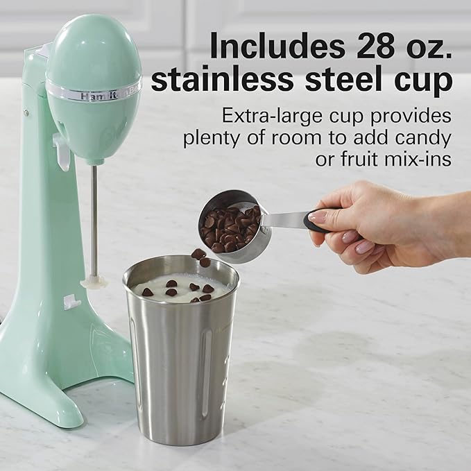 Hamilton Beach DrinkMaster Retro Milkshake Maker & Electric Drink Mixer | Drink Mixer, Milkshake Maker, Milk Frother | 2 Speeds | Extra-Large 28 oz. Stainless Steel Cup | Mint | 732