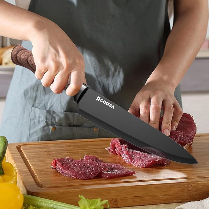 Knife Set,GOODA 9 Piece Kitchen Knife Set with Block and Sharpener, Anti-Rust Stainless Steel Cooking Knives Set for Kitchen, Chef Knife Block Set