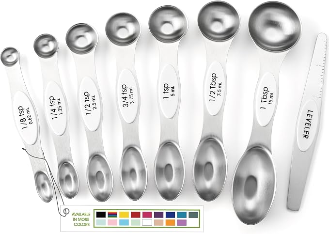 Spring Chef Stainless Steel 8 Magnetic Measuring Spoons for Kitchen, White | Dual Sided Metal Teaspoon & Tablespoon Measuring Spoons w/ Leveler for Dry & Liquid Ingredients, Nesting, Fits in Spice Jars