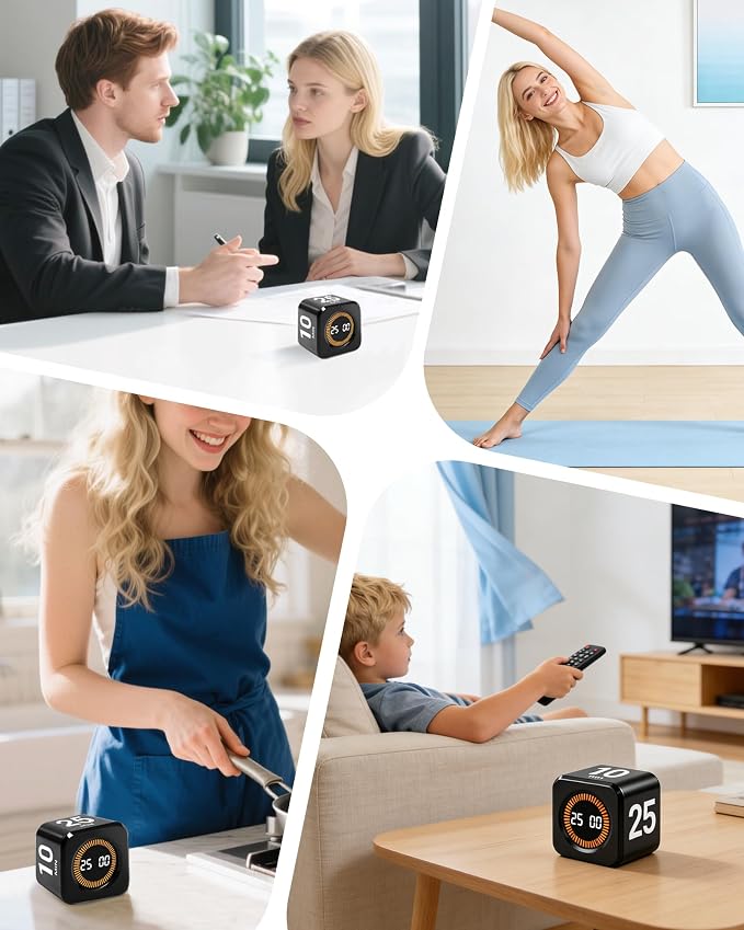 Pomodoro Timer Cube for Productivity — 5/25/10/50 Minutes Preset, Digital Gravity Sensor Desk Visual Timer for ADHD, Silent Mode, Ideal for Office, Study, Kitchen & Kids