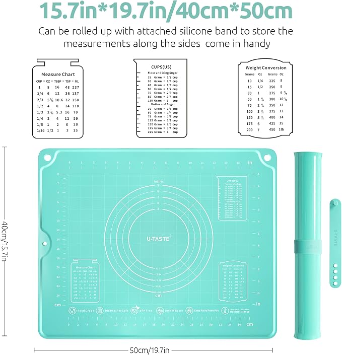 U-Taste Silicone Pastry Mat, Dough Rolling Baking Sheet, 16"x20", Aqua Sky | Food-Grade Liquid Silicone, Non-Stick Non-Slip, Baking Supplies for Pizza Cookie Pie Crust, Clear Measurement & Raised Edges