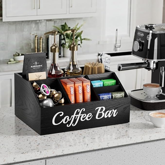 2 Pack Coffee Station Organizer for Countertop – Wooden Coffee Bar Organizer with Adjustable Dividers,Holds K Cup Pod & syrup bottles, for Kitchen, Office, or Bar and Tea Station, Black