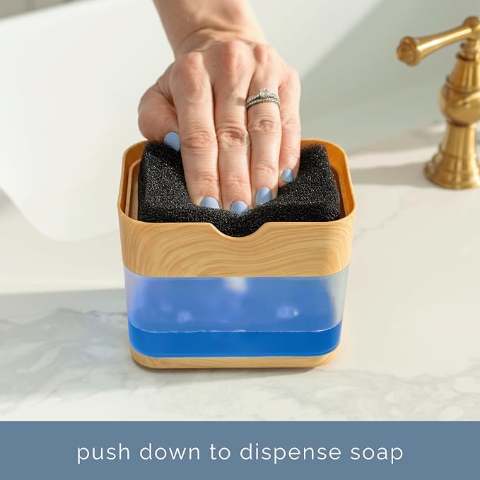 S&T INC. Dish Soap Dispenser and Sponge Holder, Plastic Bamboo | Patented Design, Holds 13 Fluid Ounces, Sponge and Waterproof Labels Included, Non-Slip Feet