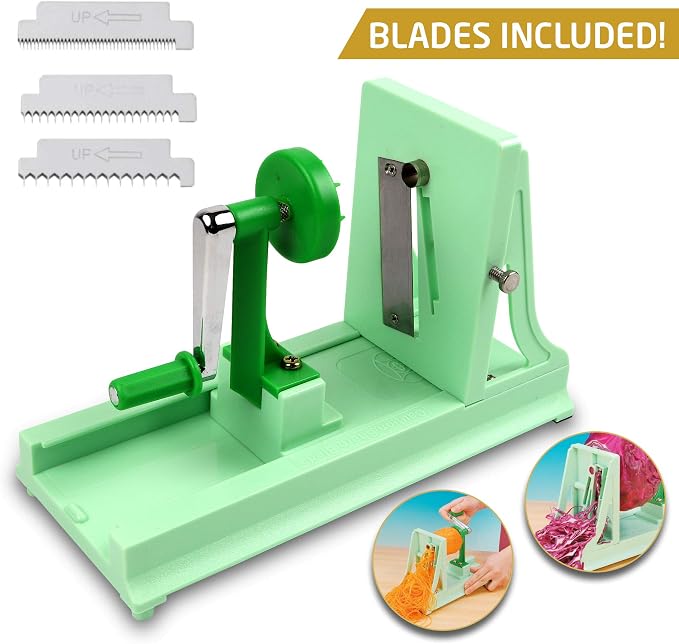 Vollum Vegetable Spiralizer with 4 Blades Straight and Serrated | Includes 1 straight-edged and 3 serrated blades. Spiralizes zucchini, squash, and butternut squash into fresh veggie noodles.