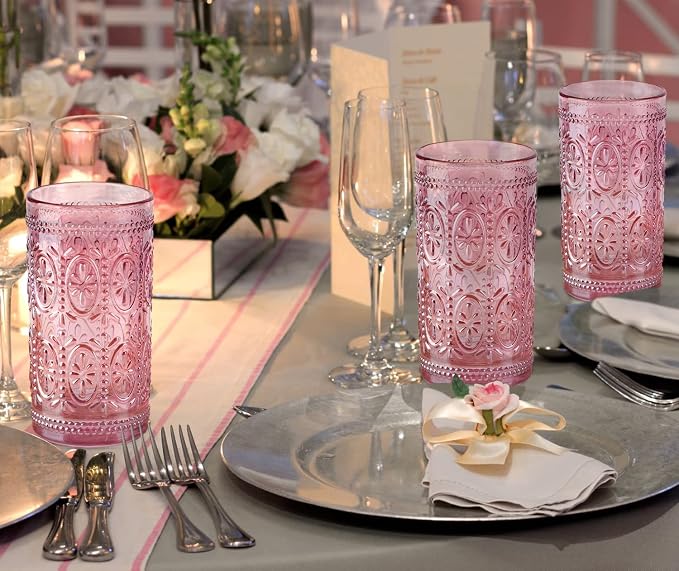 Darlion Vintage Glassware, Pink Glasses Drinking, 12oz Highball Glasses | Lead-Free Glass, Food Grade Glass, Durable&Sturdy, Vintage Decoration