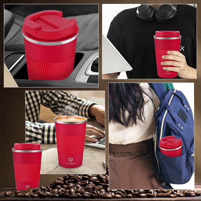 CS COSDDI 12 oz Stainless Steel Vacuum Insulated Tumbler - Coffee Travel Mug Spill Proof with Lid - coffee Cup for Keep Hot/Ice Coffee,Tea and Beer (Red) | Stainless Steel Double-wall insulation, 6-Hour Heat Retention, 360°Leak proof, BPA-free, Reusabl...