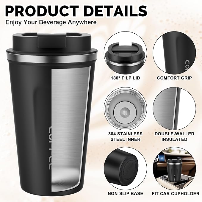 MOMSIV 17oz Travel Coffee Mug, Insulated Coffee Cup with Leakproof Lid | 6-Hour Heat Retention, 360°Leak proof, Vacuum Stainless Steel Double Walled, BPA-free, Reusable And To Go Coffee Mug