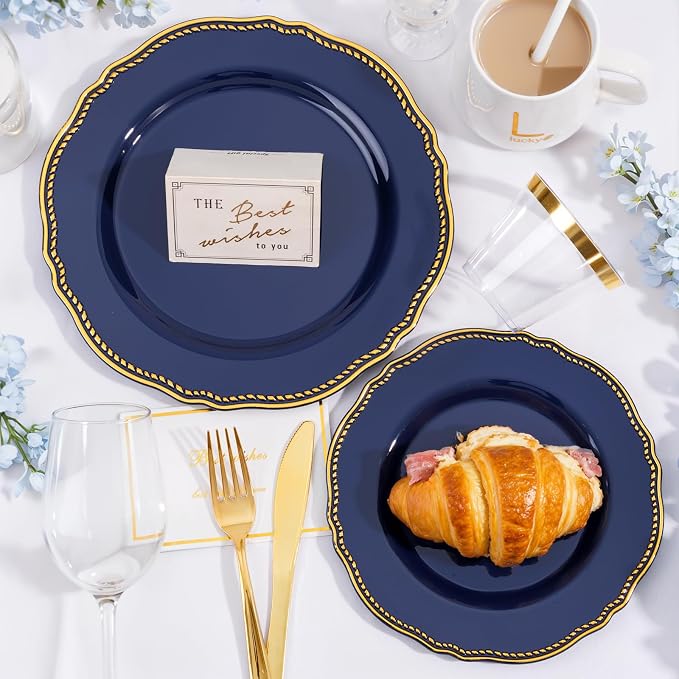 175 Pcs Blue Gold Plastic Plates Wedding & Party | Gold Plastic Dinnerware Set Includes 25 Dinner Plates, 25 Dessert Dinnerware, 25 Cups, 25 Napkins Perfect