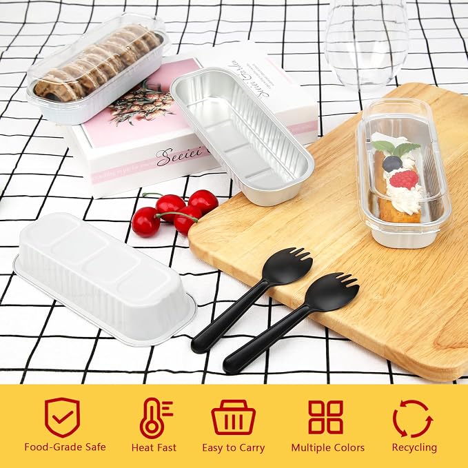 LNYZQUS Mini Loaf Cake Pans with Lids 100 Pack, Small Foil Baking Tins | 6.8oz Rectangle, White, Disposable Aluminum Cake Cups, Individual Dessert Containers for Wedding, Bake Sales