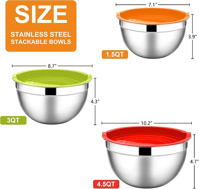 E-far Mixing Bowls with Lids, 6-Piece Stainless Steel Salad Bowls Metal Nesting Bowls for Baking Cooking and Prepping, Airtight Lids & Stackable Design, Size 4.5, 3, 1.5 QT (Colorful)