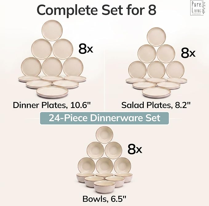 Stoneware dinnerware set 8 persons Rustic 24 pcs - Rustic design dinnerware set, dishwasher safe - Bowl and plate set - Pure Living dinnerware in beige…