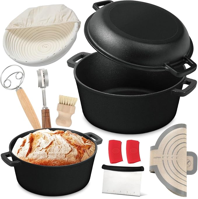 5 Qt Cast Iron Dutch Oven for Sourdough Bread Baking, Sourdough Dutch Oven | 2-in-1 lid doubles as a skillet; complete baking tools included for bread, stewing, searing, frying and outdoor cooking