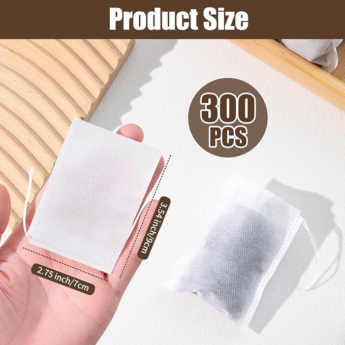 300 PCS Disposable Tea Bags for Loose Leaf Tea, Empty Tea Bags | 3.54" x 2.75" Food-Grade Drawstring Tea Filter Sachets, Safe for Hot Water Brewing, for Loose Tea, Coffee, Herbs & Spices