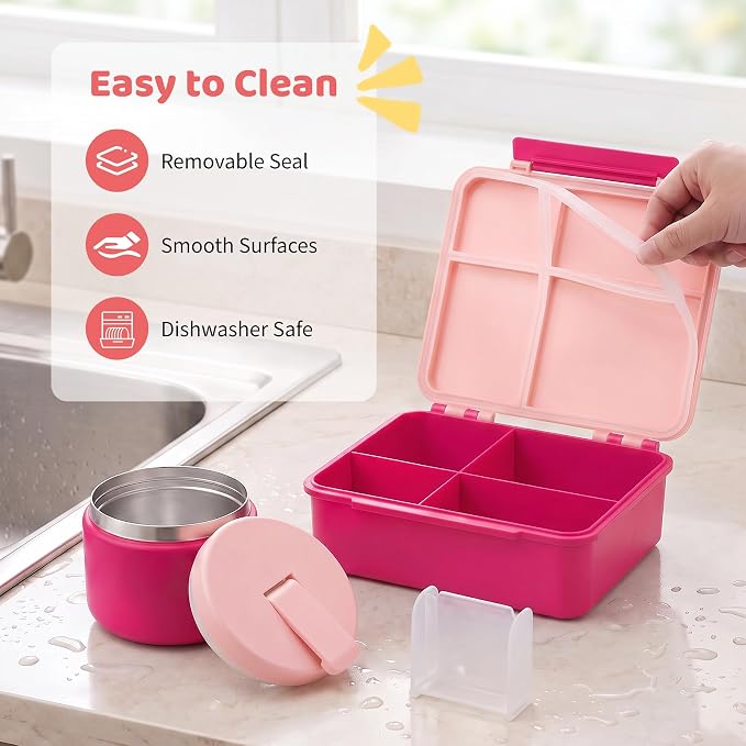 Pawtong Bento Lunch Box with 8oz Soup Thermo, Kids Leakproof Lunch Food Containers with 4 Compartment, Kids Thermo Insulated Hot Food Jar for School, Trvael - (Pink)
