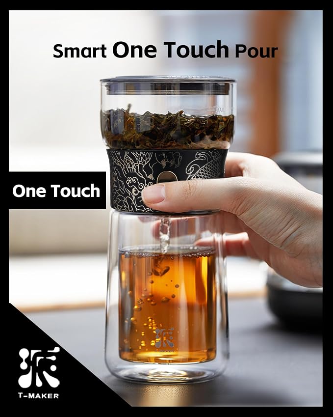 ZENS Glass Infuser Teapot, Cool One Touch Tea Maker For Loose Tea, Dragon | Modern Tea Diffusers, Magic Tea Pot with 9oz Insulated Mug and Portable Bag for Herbal Tea Lovers Gifts