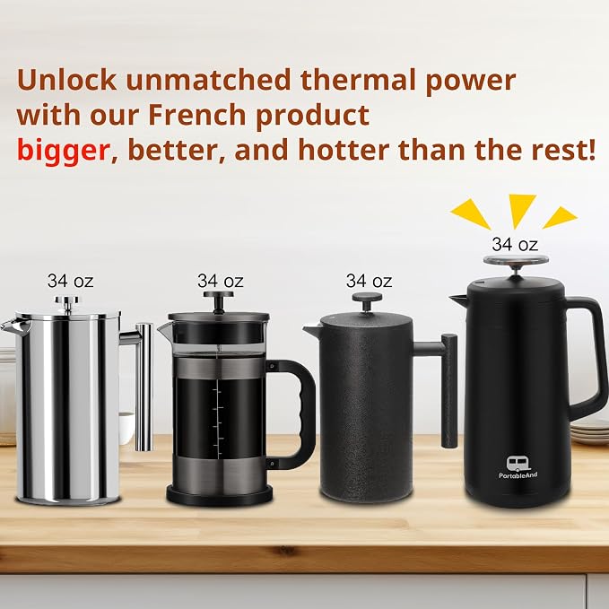 PortableAnd 34oz Double Vacuum Insulation Large Silicone French Press Coffee Maker, Metal Stainless Steel, Matte Black, Perfect for Camping, Travel, and At-Home Use (Light Gold)