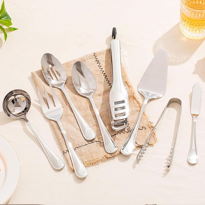 8-Piece Teardrop Serving Utensils Set, 18/10 Stainless Steel Utensils | Serving Utensils, Includes Serving Spoons, Forks & Tongs, Dishwasher Safe, Buffet, Catering, Wedding