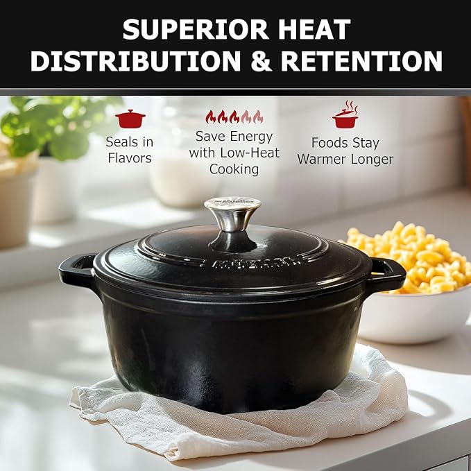 MUELLER HOME 4.5 QT Enameled Cast Iron Dutch Oven, Heavy-Duty Casserole Dish and Braiser Pan with Lid and Stainless Knob, Oven-Safe up to 500° F & Across All Cooktops, Black | Heavy-Duty Casserole Dish and Braiser Pan, Lid with Stainless Knob, Oven-Saf...
