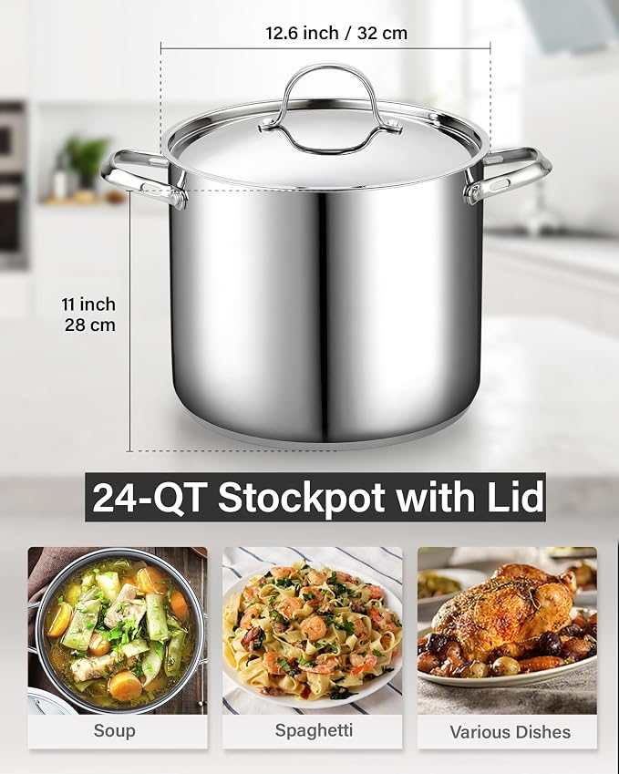 Cooks Standard Mega Stainless Steel Stock Pot - Large Cooking Pot | 24 Quart Stainless Steel Stock Pot with Lid, Jumbo Deep Cookware for Brewing, Massive Seafood Boils, and Large Banquet Events