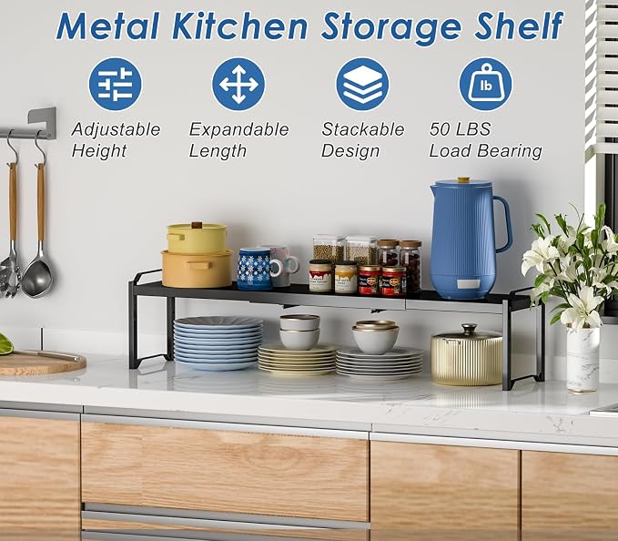 Metal Storage Shelves For Kitchen Pantry, Cabinet Shelf Organizer, Adjustable Height, Expandable Length, Stackable Design,50 LBS Load Capacity, For Dishes Spices Cans Plates Cans Bottles Cups Mugs
