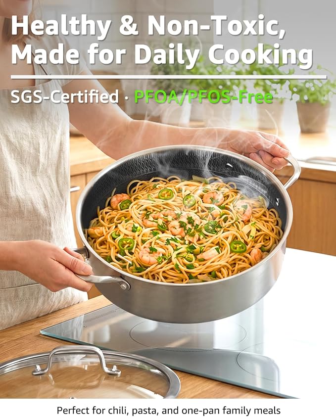 LOLYKITCH 7 QT Saute Pan with Lid & 12'' Frying Pan Set | Detachable Handle | Ceramic Nonstick | Tri-Ply Stainless Steel | Hybrid Cookware Set | Oven & Induction Ready | PFOA-FREE | For Searing Frying