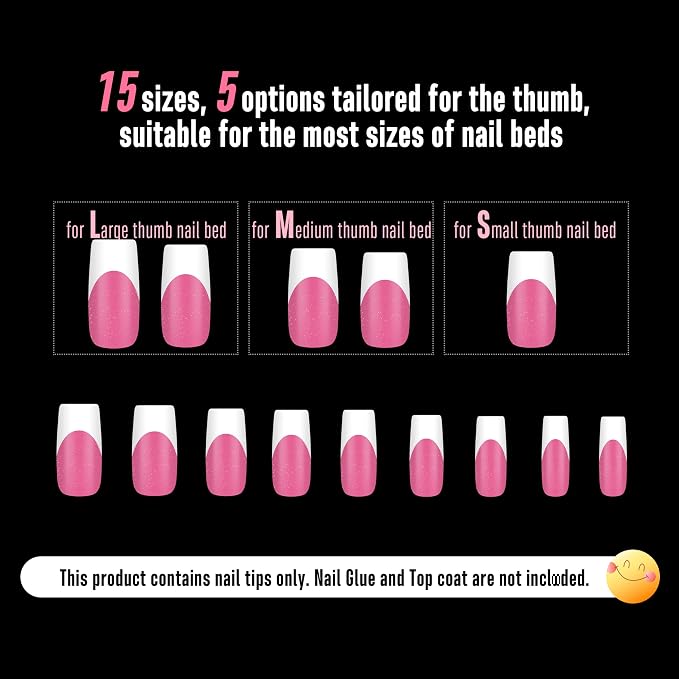 NOVO OVO White French Tip Square Nail Tips Press on ROSE PINK, Extra Thick Medium Soft Gel Fake Nail Acrylic Extension, Need Builder Gel Top Coat, No Glue Included, for Salon DIY x 15 Sizes 240 pcs