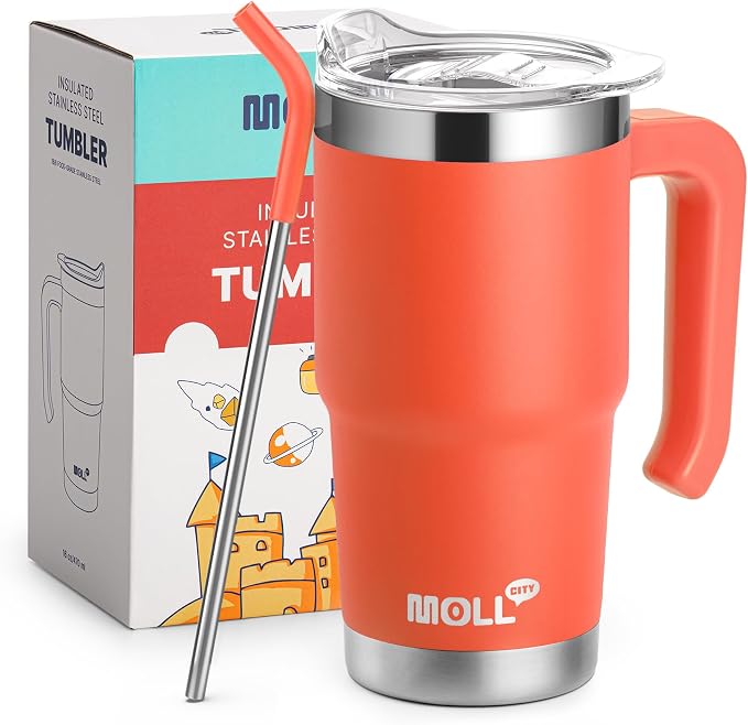 16 oz Kids Tumbler with Handle,Insulated Cup with Lid and Straw (Orange) | BPA Free, Food-Grade Safe Reusable Metal Water Bottle,Leak Proof Design,Sweat-Free Double Wall