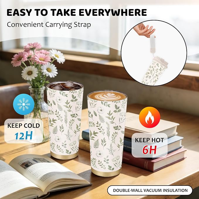 Plant Print Stainless Steel 2-in-1 Lid Coffee Tumbler 18 oz Garden Floral Insulated Travel Coffee Mug Plant Lovers Water Bottle for Women Men