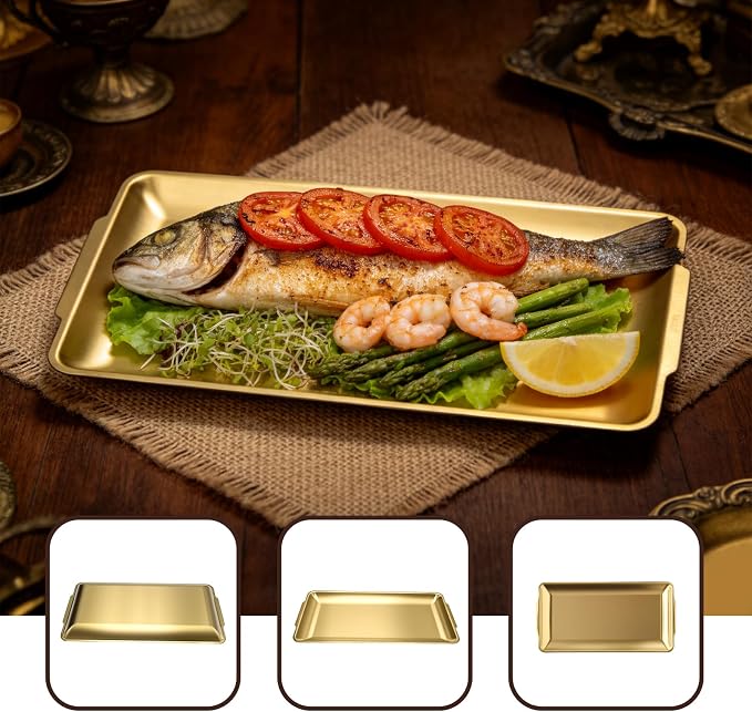 304 Stainless Steel Food Serving Tray, 12.6 Inch Rectangular Serving Tray Platters with Brushed Finish, Ideal for Kitchen Party Organizer Dining Buffet and Outdoor Events (Gold)