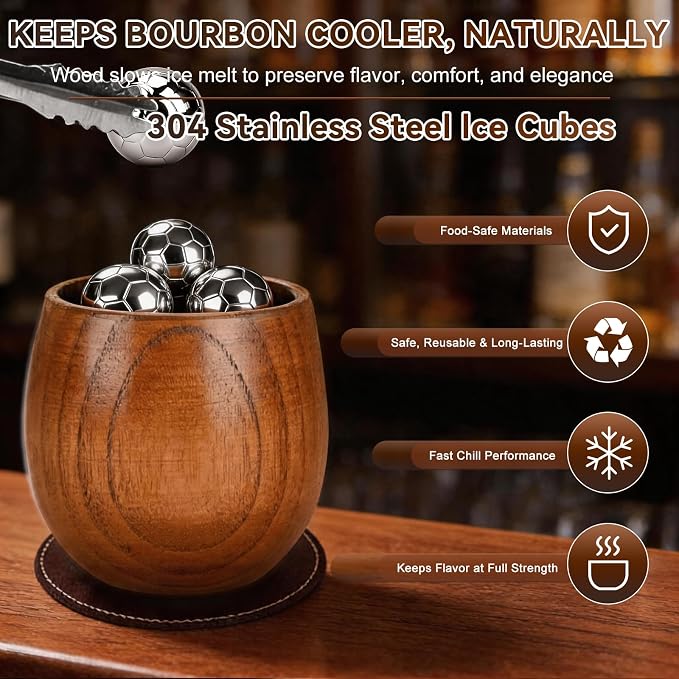 Charred Wooden Bourbon Drinking Glass Wooden Whiskey Glasses Set of 2 Complete Whiskey Gift Set Old Fashioned Glass Bourbon Gifts for Men (2 Pack Soccer)