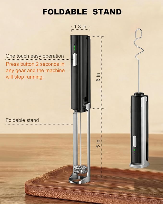3-Speed Rechargeable Milk Frother Handheld with Stand & 3 Whisks, Dual Coil Whisk Coffee Frother Handheld, Electric Frother Wand for Lattes, Matcha, Hot Chocolate & Eggs, Black