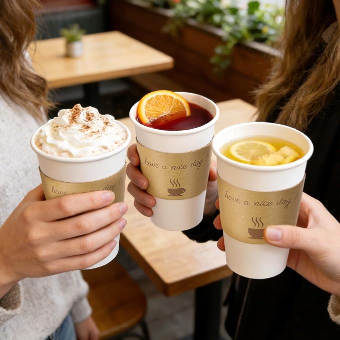 BYSNOW 16 oz 50 pack Disposable Coffee Cups with Lids, Sleeves & Stirrers | Paper Hot Coffee Cups with Lids, Sleeves and Stirring Sticks, To Go Cups for Home, Office, and Cafe (White 16oz)