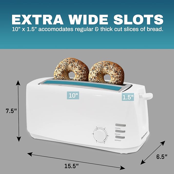 Elite Gourmet ECT-4829 4-Slice Long Slot Toaster, Extra-Wide Slots, White | 6 Toast Settings, Defrost, Reheat & Cancel Functions, Slide-Out Crumb Tray, Great for Bagels & Waffles