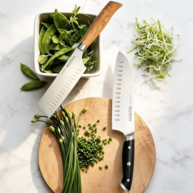 WICKWILLOW 7” Santoku Knife – Sharp Forged German Steel Kitchen Knife | Hollow Edge prevents sticking – smooth, precise cuts with balanced comfort for daily prep. Gift-Ready.