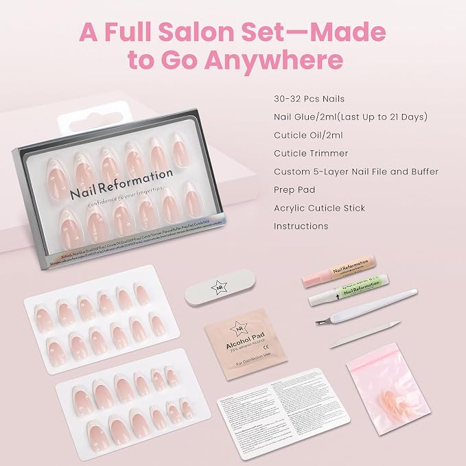 Nail Reformation Press On Nails, Sugar-Coated Pink Medium Almond Fake Nails | French Tip with 3D Pearls in a Glossy Finish, Reusable Stick On Nails in 15 Sizes - 30 False Nail Kit for Women Gifts