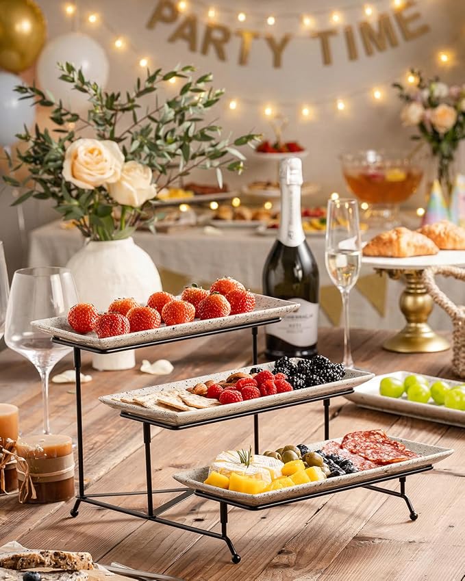 LAUCHUH 3 Tier Serving Tray, Porcelain Serving Platters and Trays for Party | 12 Inch Tiered Tray Stand Cupcake Stand with Collapsible Sturdier Rack & 2 Cross Bars for Thanksgiving Day, Speckled Glaze