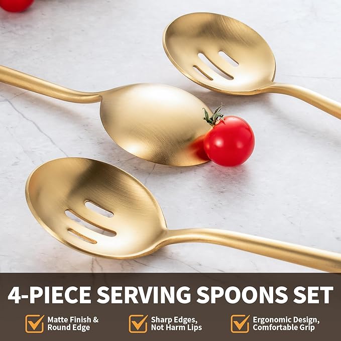O.C.E. 4 Pcs Serving Spoons Set,Includes 2 Serving Spoons and 2 Slotted Spoon,Large Spoon for Catering Buffet,Matte Gold Utensils,Dishwasher Safe,10.3 Inches