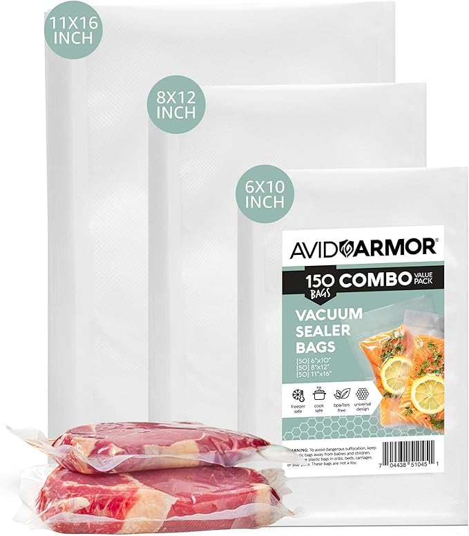 Avid Armor Vacuum Sealer Bags, Vac Seal Bags for Food Storage, Freezing, and Sous Vide Cooking, Non-BPA Freezer Vacuum Sealer Bags, Pint, Quart, and Gallon Sizes Combo Pack, 150 Bags
