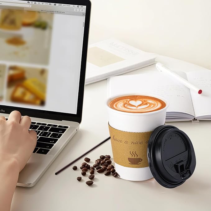 BYSNOW 100 pack 10 oz Disposable Coffee Cups with Lids White To Go Cups | To Go Coffee Cups with Lids, Sleeves and Stirring Sticks, for Home, Office, Cafes and Party (White 10oz)