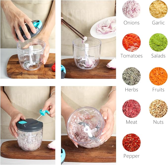 Portable Manual Food Processor Vegetable Chopper (900ml, Blue) | Hand Pull String Vegetable Chopper With Container for Onion, Ginger, Fruits, Nuts