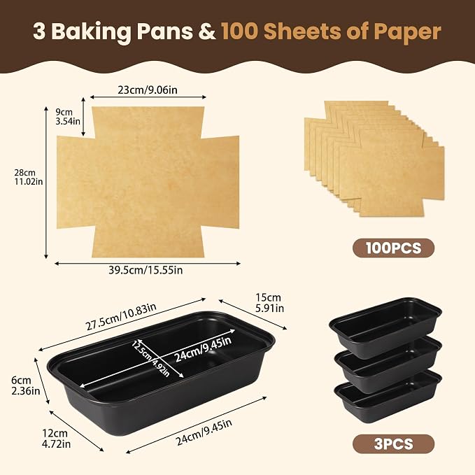 3 Pack Loaf Pan with Liners Set, Carbon Steel Bread Loaf Pan | Nonstick 9 x 5 Inch Rectangular Baking Pan with 100 Pcs Loaf Liners for Homemade Bread Cake Sourdough Banana Sandwich Bread