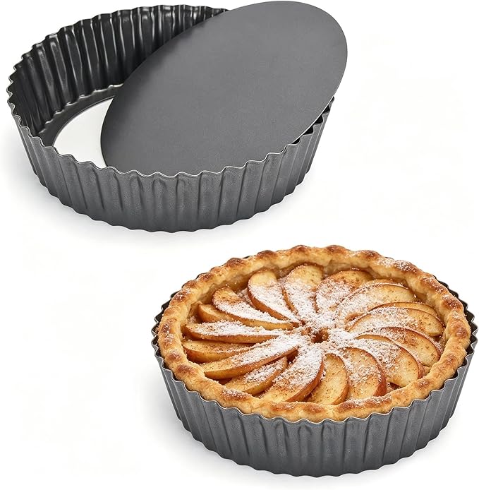 2 Pack 9.4 × 2 Inches Nonstick Tart Pan with removable bottom, Quiche Pans for Baking, Carbon Steel Deep-dish Pie Pan with Removable Loose Bottom