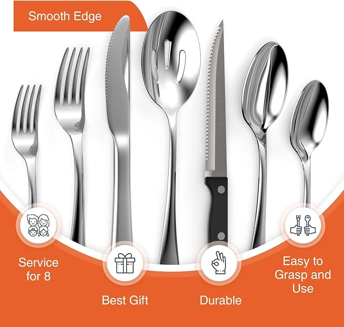 49 Piece Silverware Set - Service for 8 - Stainless Steel Flatware serving set - Cutlery Set - Knife, Fork, and Spoon - Kitchen Utensils set - Dishwasher Safe - Stunning Polished Finish