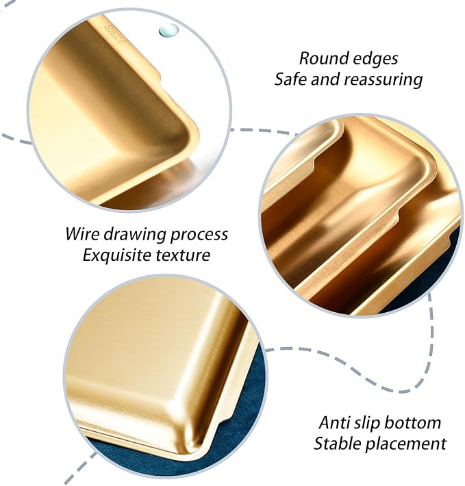 3Pcs 304 Stainless Steel Food Serving Tray, 12.6" Rectangular Serving Platters Multipurpose for Kitchen,Party Organizer Tray for Buffet Brushed Nickel (Gold)
