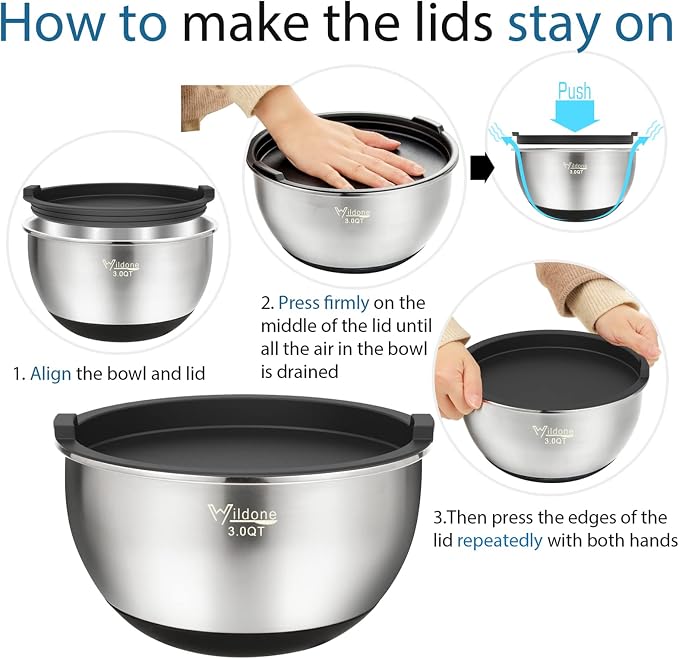 Wildone Mixing Bowls with Lids Set, Stainless Steel Mixing Bowls Set of 5 | Large Prep Metal Bowl Set with Non-slip Bottoms, Size 8, 5, 3, 2, 1.5 QT, Airtight Lids, Thicker Stainless Steel