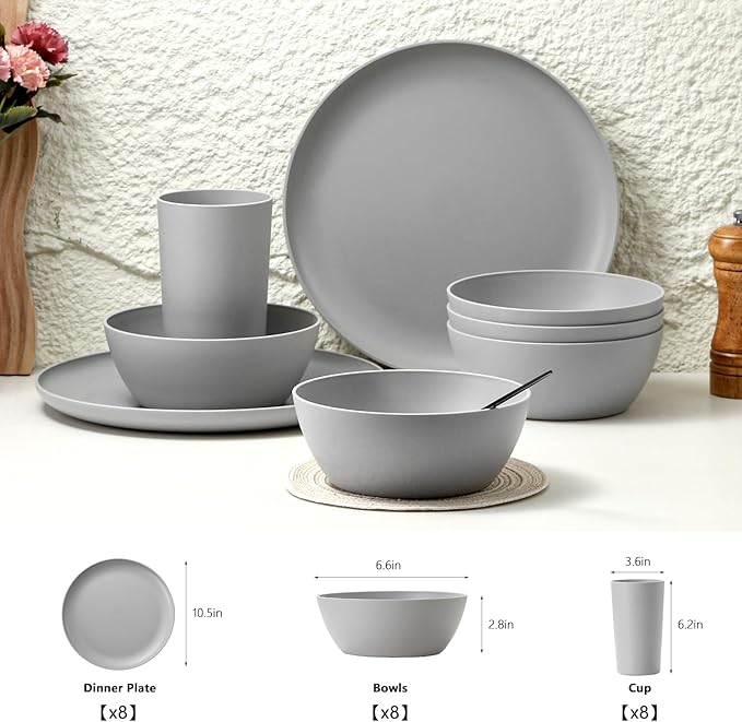 24pcs Matte Gray Dinnerware Set, Plates, Bowls & Cups, Unbreakable Dishes for 8, Reusable BPA‑Free Tableware, Dishwasher Safe for Kitchen, Party, Picnic & Camping, Bonus Cutlery Set Included