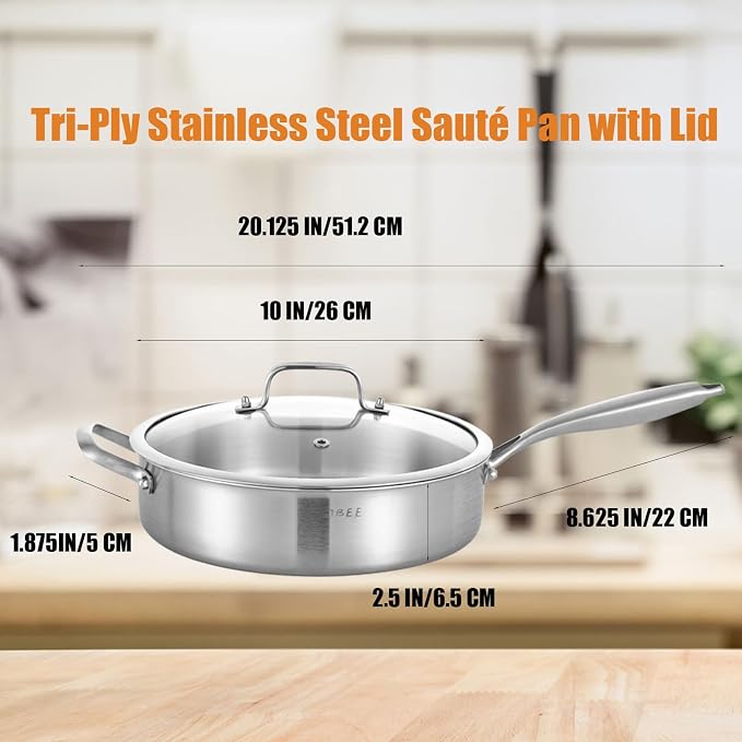 Inqibee 3 QT Tri-Ply Stainless Steel Saute Pan with Lid | Deep Frying Pan with Helper Handle | 12 Inch | Induction Compatible | Oven & Dishwasher Safe | Serves 2–3 People