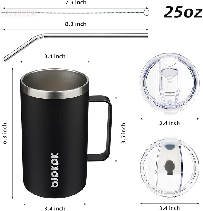 BJPKPK 25oz Insulated Coffee Mug with Handle, Stainless Steel Travel Mug | Keeps Drinks Hot & Cold, Double Wall Vacuum, 2 Lids Included, BPA-Free Coffee Tumbler for Home, Office & Travel